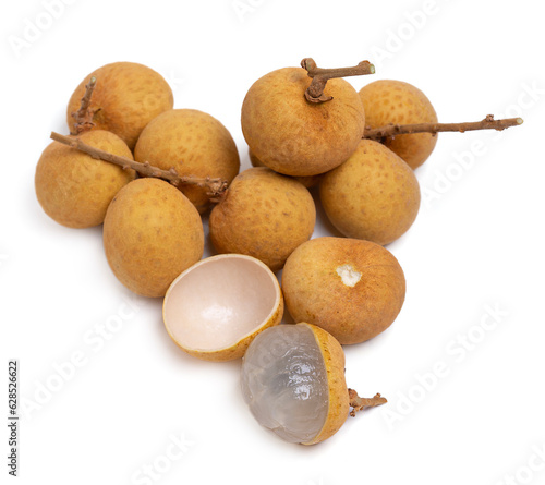 Fresh longan fruit with seed on white background.