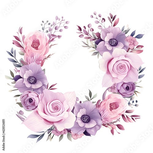 Watercolor floral wreath  in the style of soft and dreamy atmosphere  made of flowers  floral motifs  isolated on white background. Image created with Generative AI technology