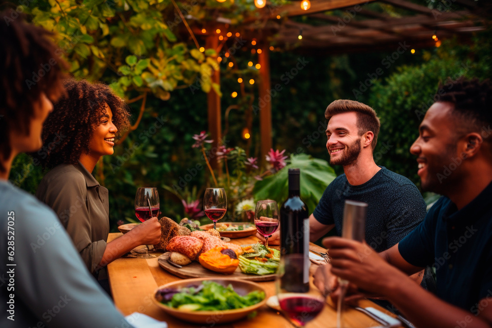 Young people enjoying a delicious barbecue dinner while drinking red wine.