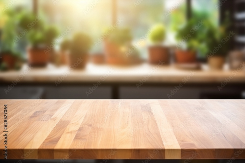 Empty wooden table top with lights bokeh on blur background Empty wooden table top with lights bokeh on blur background