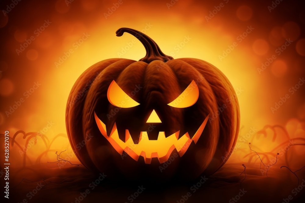 Spooky halloween pumpkin jack-o-lantern scary face silhouetted against an orange glowing background Spooky halloween pumpkin jack-o-lantern scary face silhouetted against an orange glowing background