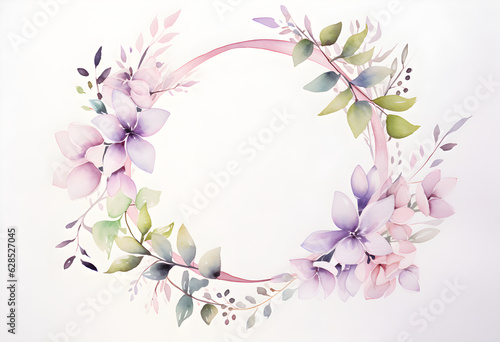 Watercolor floral wreath  in the style of soft and dreamy atmosphere  made of flowers  floral motifs  isolated on white background. Image created with Generative AI technology