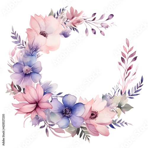 Watercolor floral wreath, in the style of soft and dreamy atmosphere, made of flowers, floral motifs, isolated on white background. Image created with Generative AI technology