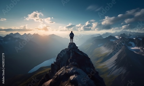 Hiker at the summit of a mountain overlooking a stunning view. Apex silhouette cliffs and valley landscape, Generative AI