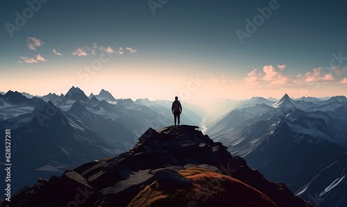 Hiker at the summit of a mountain overlooking a stunning view. Apex silhouette cliffs and valley landscape, Generative AI © Akanksha