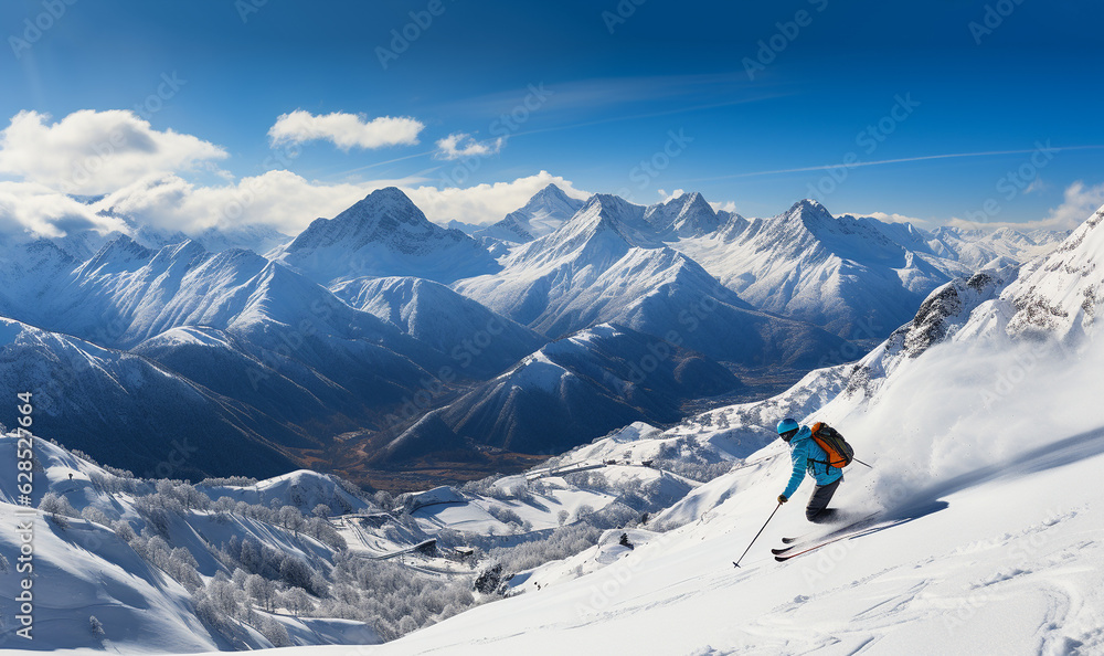 Ski action. skier active sport in winter landscape. good skiing in the snowy mountains, Skiing downhill in high mountains Ski action. skier active sport in winter landscape. good skiing in the snowy mountains, Skiing downhill in high mountains