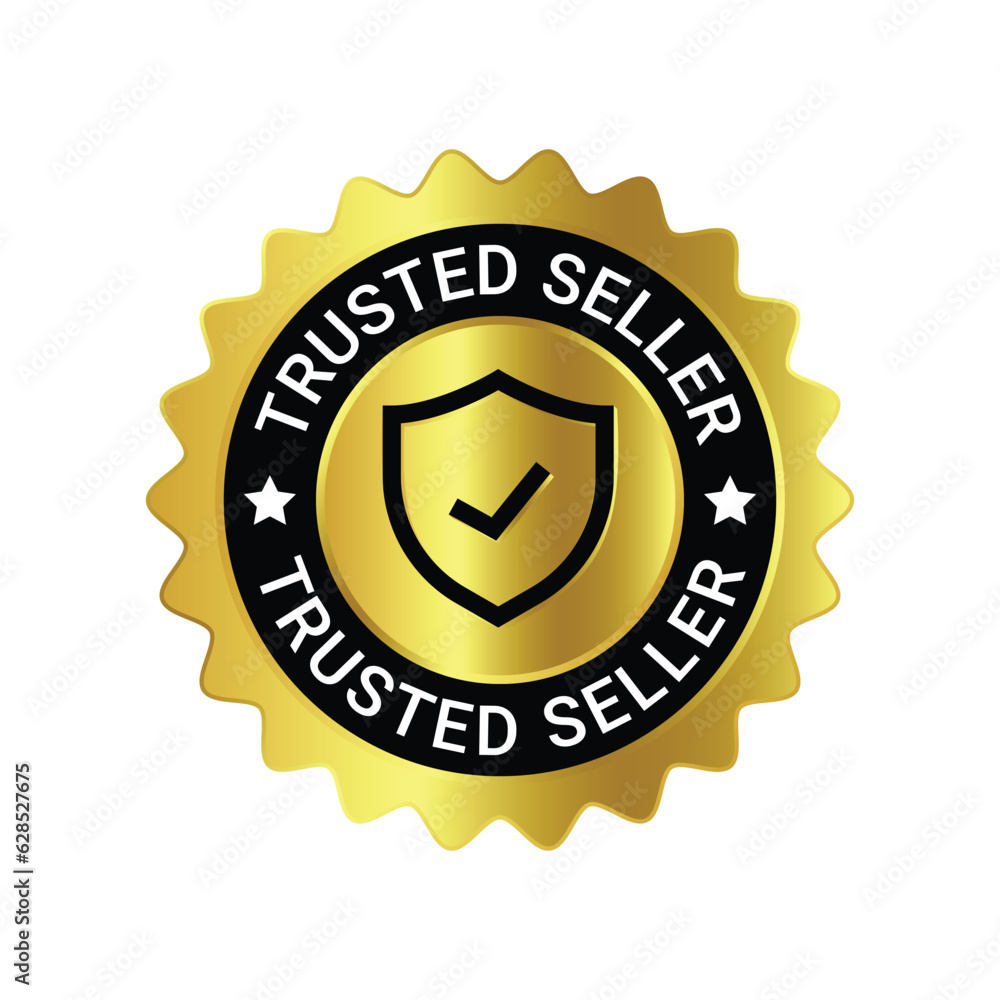 Fototapeta premium Trusted Seller Label, Best Seller, Premium Member Badge, Verified Seller Rubber Stamp, Shield Vector Illustration, 3D Realistic Glossy And Shiny Badge