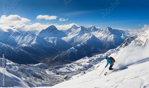 Ski action. skier active sport in winter landscape. good skiing in the snowy mountains, Skiing downhill in high mountains