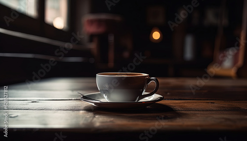 Cup of coffee on top of wooden bar table with soft light and blur background