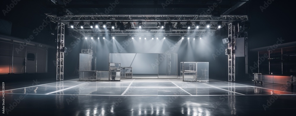 Obraz premium Festive Studio Stage with Equipment Lighting and Copy Space, Generative AI