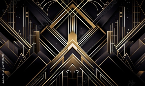 Abstract art deco. Great Gatsby 1920s geometric architecture background. Retro vintage black, gold, and silver roaring 20s texture, Generative AI