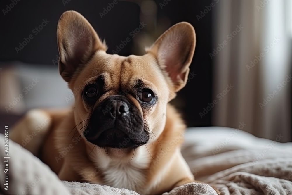 Adorable Dog Relaxing on Bed in Cozy Bedroom with Copy Space. Pet and Home Interior Concept Adorable Dog Relaxing on Bed in Cozy Bedroom with Copy Space. Pet and Home Interior Concept