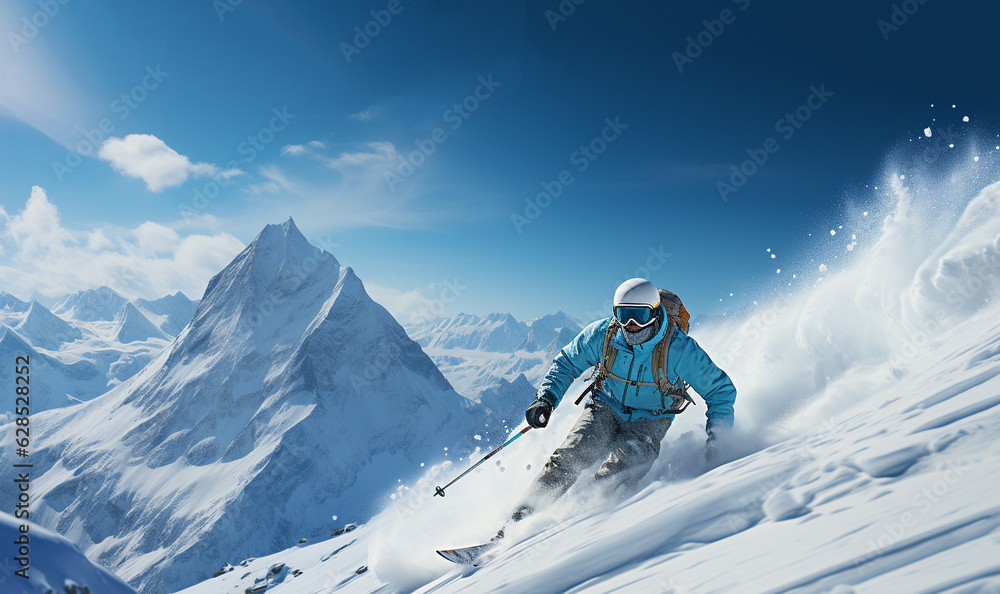 Ski action. skier active sport in winter landscape. good skiing in the snowy mountains, Skiing downhill in high mountains