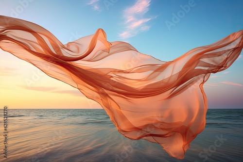 Silk fabric develops in the wind against the background of the sea and sky