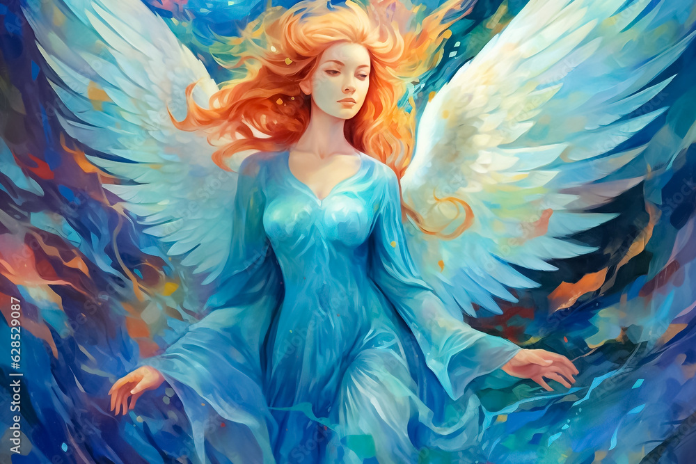 A captivating angel artwork, skillfully rendered with watercolor and plastic poster color, exuding serenity and wisdom, believed to possess supernatural guidance. generative AI.