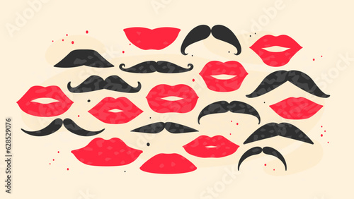 Collection of moustaches and lips. Vector vintage flat style illustration