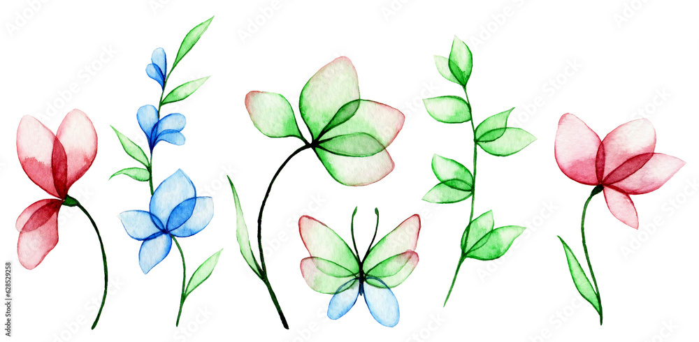 watercolor drawing, set of transparent flowers and leaves. abstract plants in blue and pink.