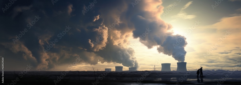 Industrial Power Two Nuclear Power Plants Emitting Smoke with Workers in the Foreground, Generative AI