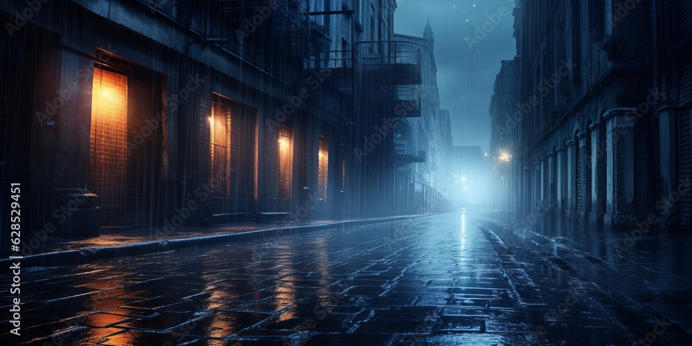 Rainy Night in the City Dark Street Scene with Glowing Umbrellas, Reflections, and Copy Space, Generative AI