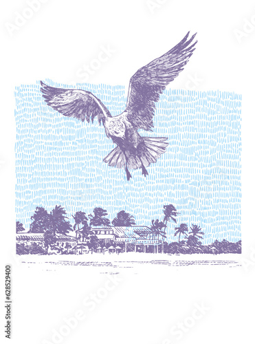 Seagull and tropical coast. Drawn by the pen in retro style. Vector illustration.