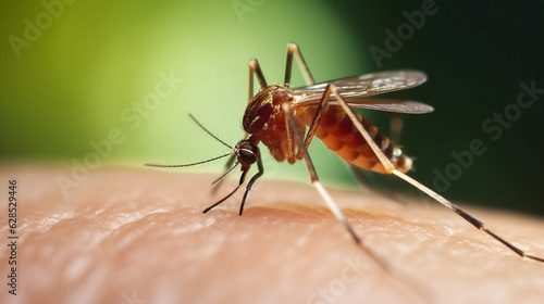 Mosquito sucking blood on human skin, closeup of photo.