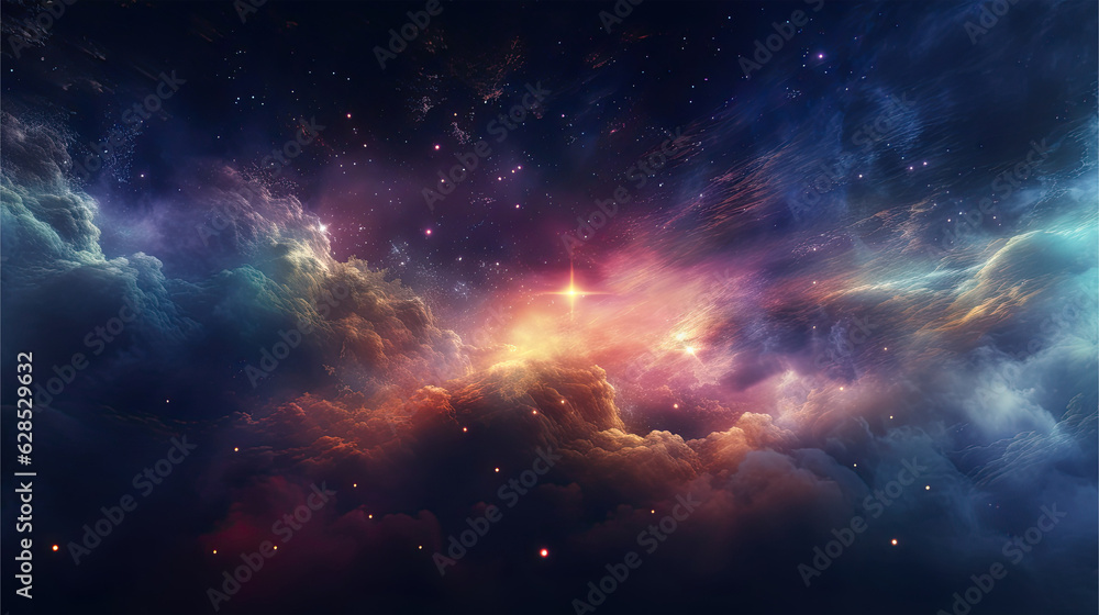 Fototapeta premium Mystical scene in the universe. Colorful illustration on a dark background. For covers, backgrounds, wallpapers and otjer projects. 