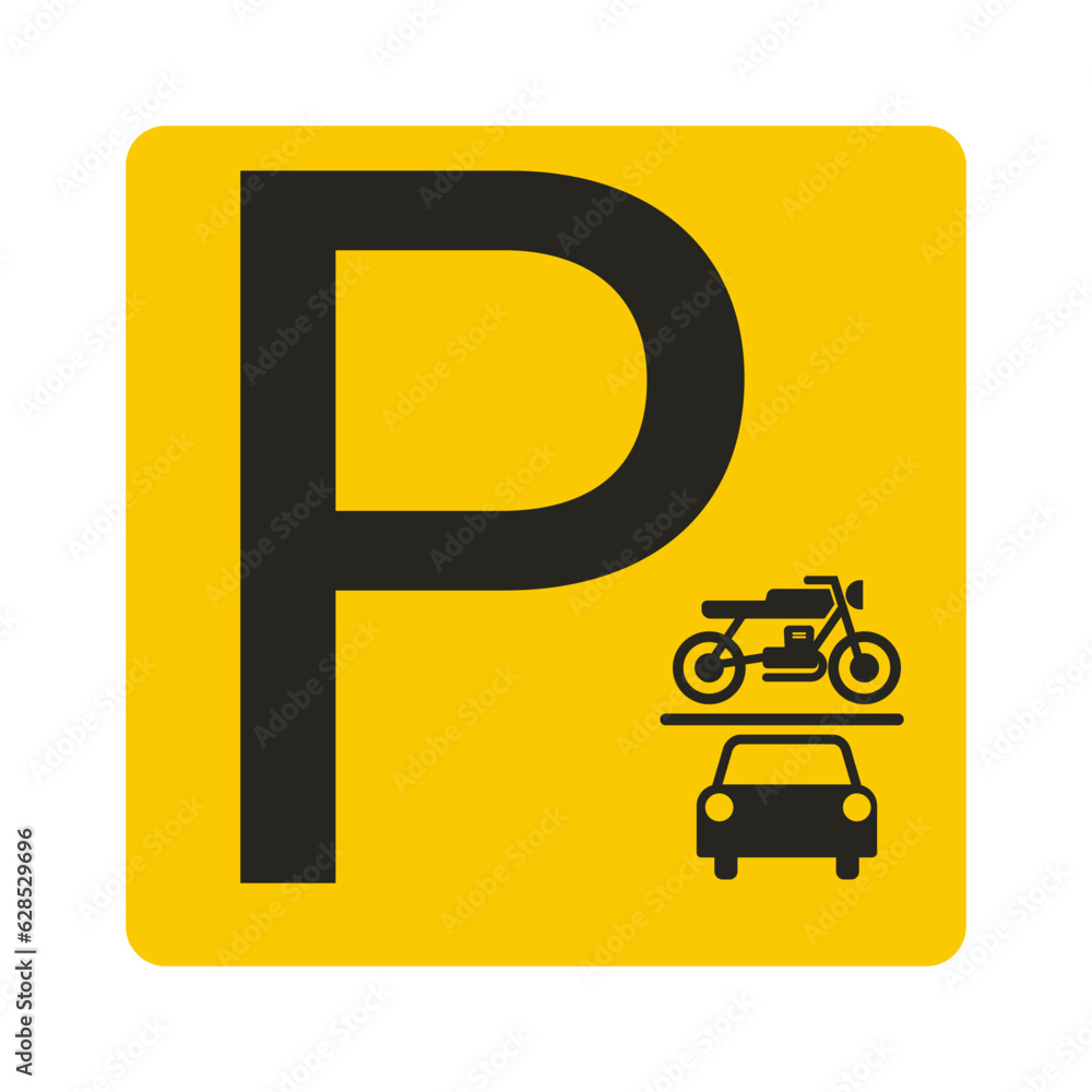 Fototapeta premium isolated printable label sticker of square yellow black parking sign with illustration icon of black pictogram P letter for car and motorcycle parking area