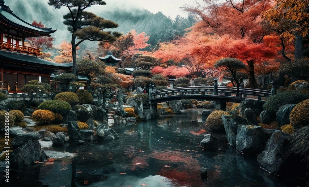 An illustration japanese bridge with a japanese bridge in the background