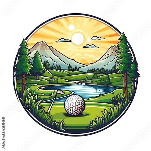 Golf club and ball in grass. Sports equipment symbol. cartoon vector illustration.