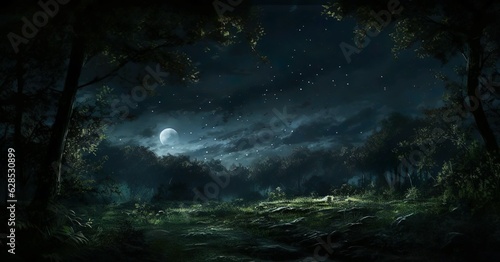 An illustration of a forest with a full moon in the sky at night
