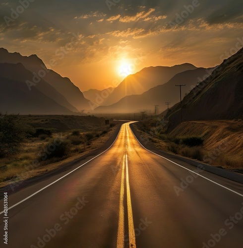 A long road with mountain and sunset view