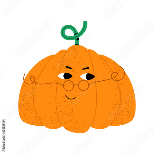 Funny pumpkin with round glasses. Cartoon autumn character illustration icon. Flat vector illustration isolated on white background.