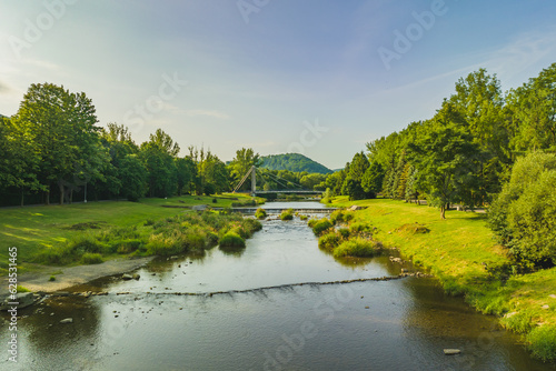 The Vistula river flowing through Ustro   and the view from the drone. Sunny summer day.