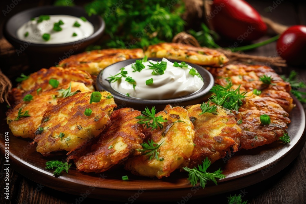 Vegetable pancakes with herb dip