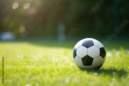 Soccer ball on a green lawn with copy space.