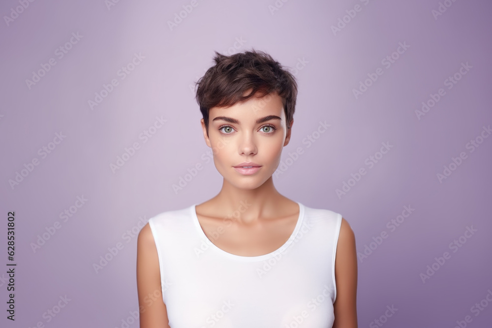 Beautiful short hair model on a purple background with copy space. Beautiful short hair model on a purple background with copy space.