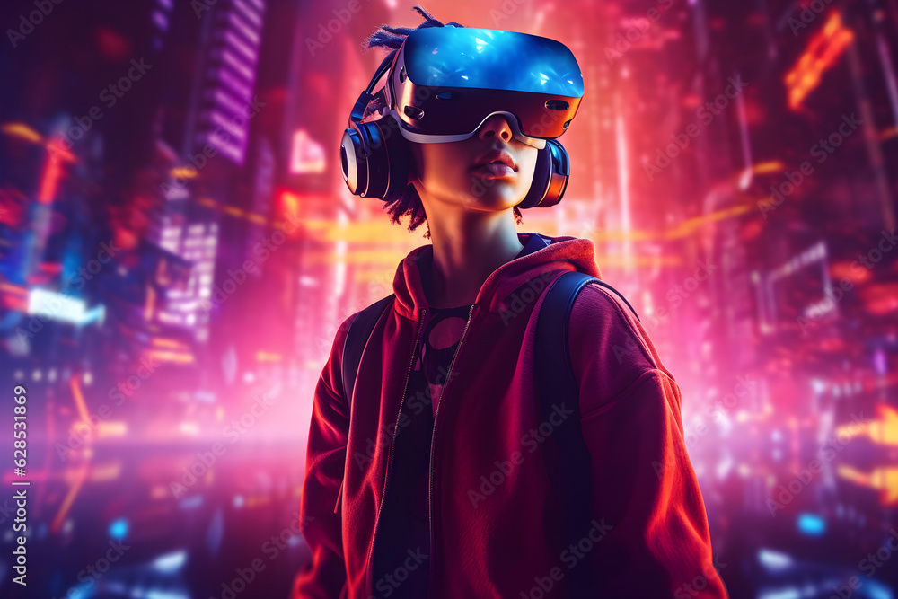 Young Man with VR headset exploring the metaverse created with Generative AI technology Young Man with VR headset exploring the metaverse created with Generative AI technology