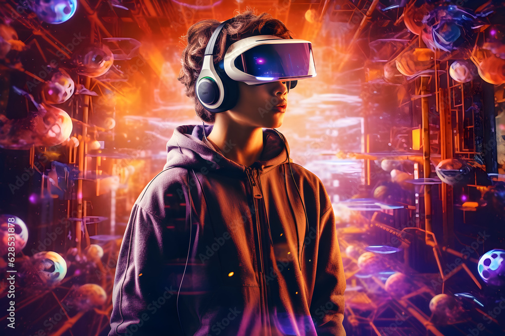 Young Man with VR headset exploring the metaverse created with Generative AI technology Young Man with VR headset exploring the metaverse created with Generative AI technology