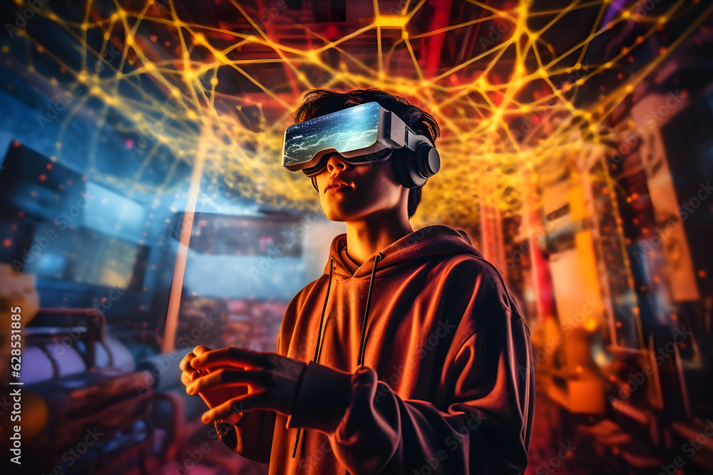 Young Man with VR headset exploring the metaverse created with Generative AI technology
