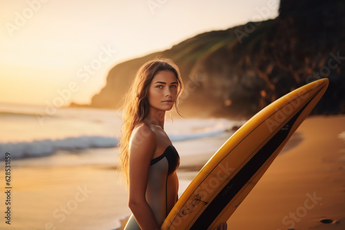 Beautiful woman surfer on the beach.