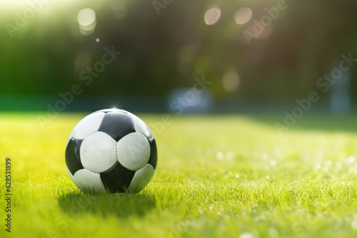 Soccer ball on a green lawn with copy space.