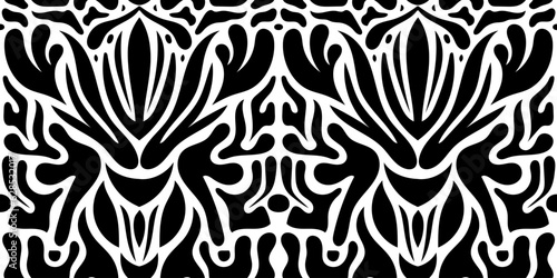 Vector organic shape pattern, black and white blob seamless background. Floral, geometric abstract art, hand drawn