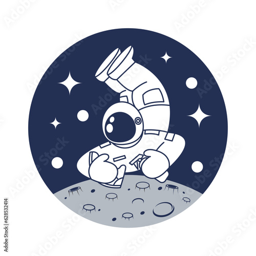 shoe wash logo. astronaut carrying shoes and soap with moon and stars background.