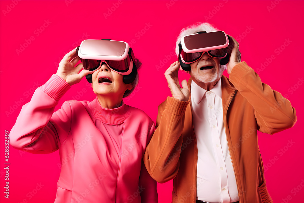 Happy grandparents, old woman and man couple with VR headset exploring the metaverse created with Generative AI technology Happy grandparents, old woman and man couple with VR headset exploring the metaverse created with Generative AI technology