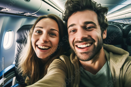 A happy young couple taking selfies in a plane while going on vacation