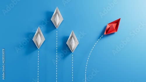 Different business concept. Red paper boat changing direction from white paper boat. new ideas. paper art style. creative idea.3D rendering on blue background. 