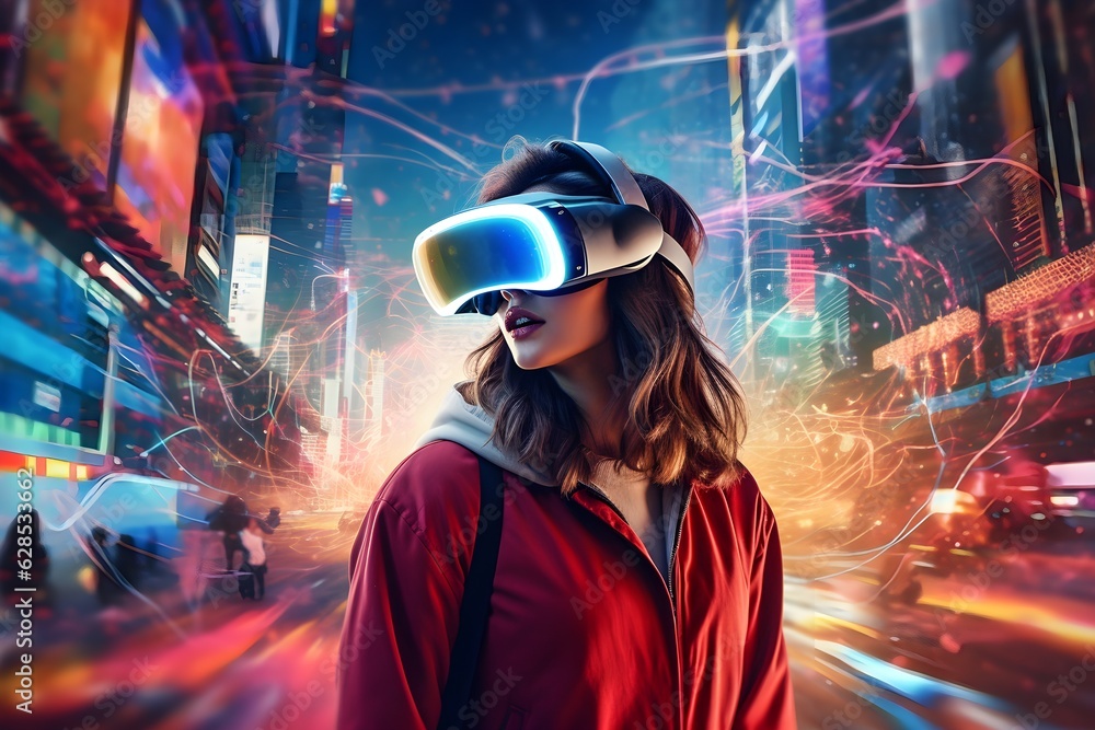 Young Woman with VR headset exploring the metaverse created with Generative AI technology Young Woman with VR headset exploring the metaverse created with Generative AI technology