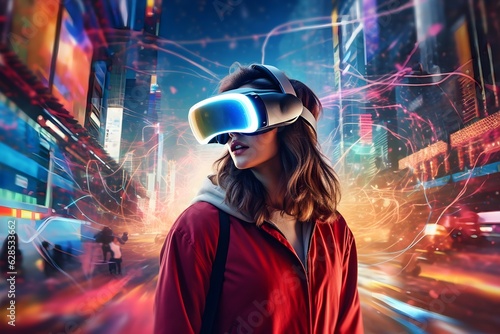 Young Woman with VR headset exploring the metaverse created with Generative AI technology