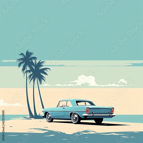 AI generated illustration of a vintage blue car parked on a sandy beach with tropical palm trees