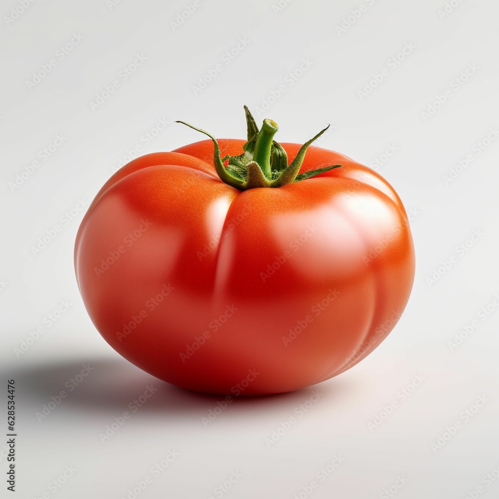 AI generated illustration of a large, ripe tomato resting on a white background AI generated illustration of a large, ripe tomato resting on a white background